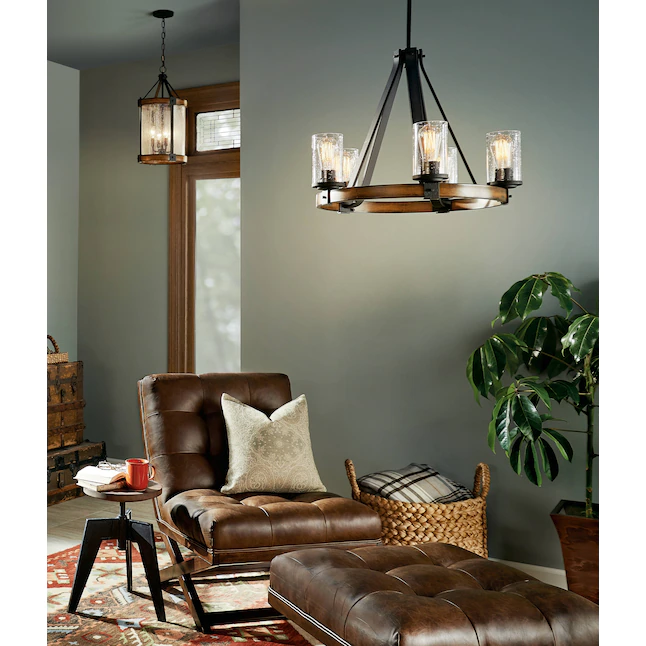 Kichler Barrington 4-Light Distressed Black and Wood Tone Rustic Seeded Glass Cylinder Pendant Light