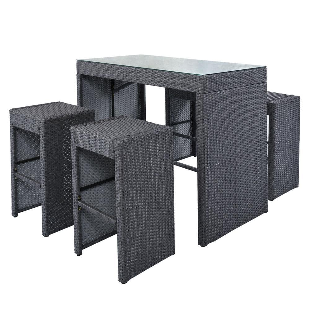 Tunearary 5-Piece Gray Wicker Patio Bar Furniture Set Outdoor Dining Table Set 4 Stools with Gray Cushion SH000238AAEHZP