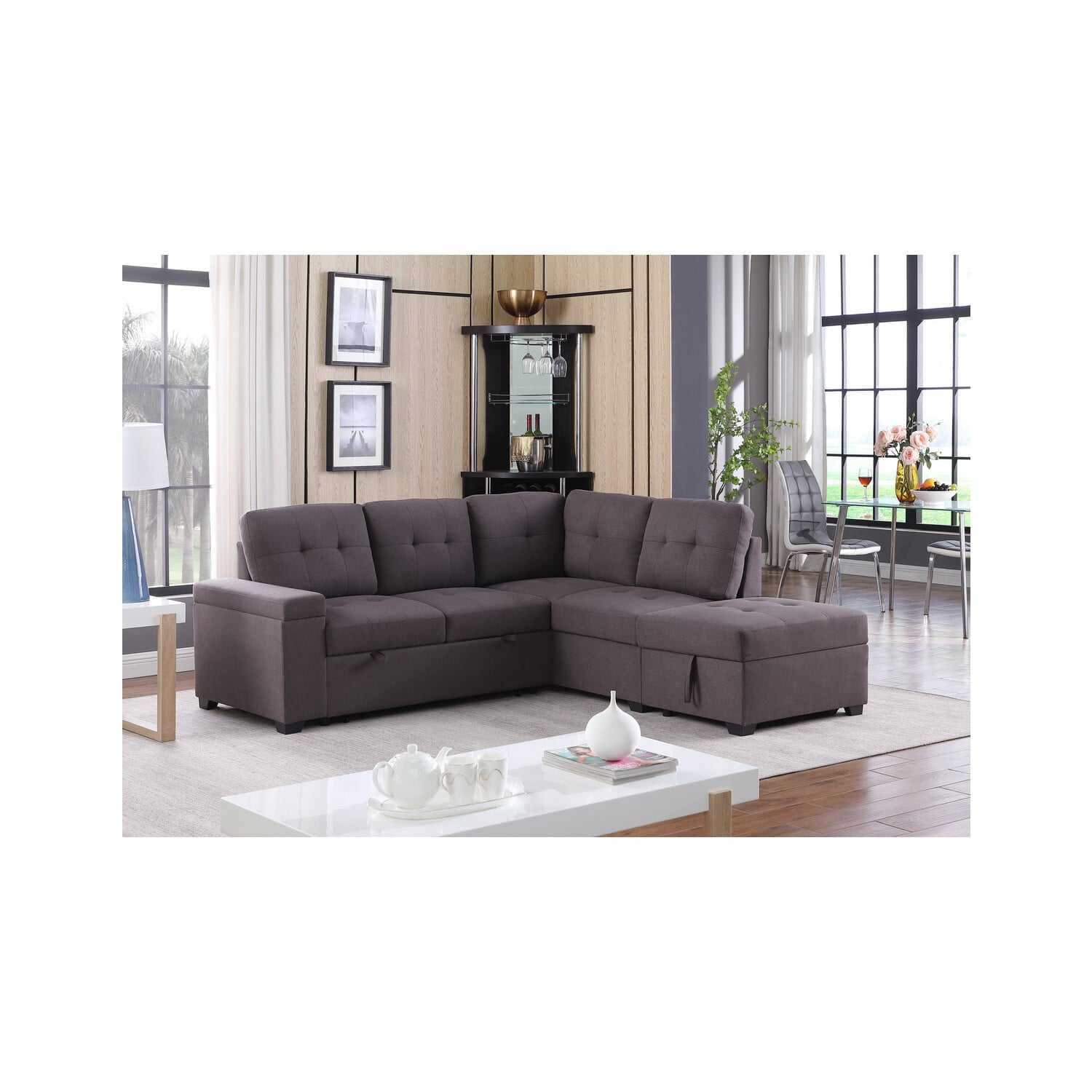 Katie Brown Linen Sleeper Sectional Sofa with Storage Ottoman, Storage Arm