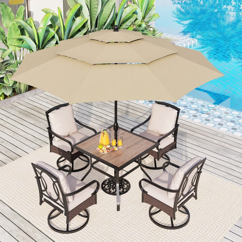 5 Piece Patio Dining Set of 4 Swivel Rattan Chairs with Deep seating and Back Cushions and 1 Wood like Table Top   N/A