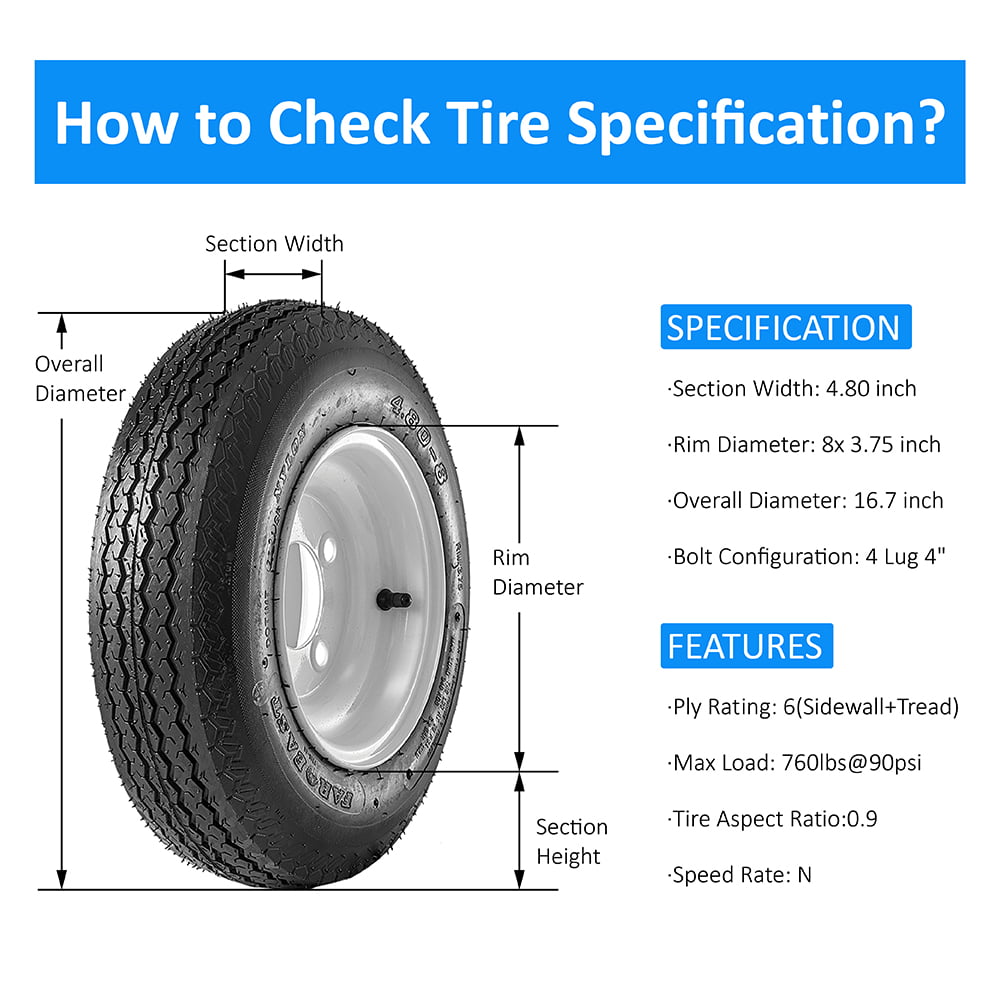 Albott Set of 2 Trailer Tires and Rims 4.80-8 480-8 6PR with 4 Lug on 4