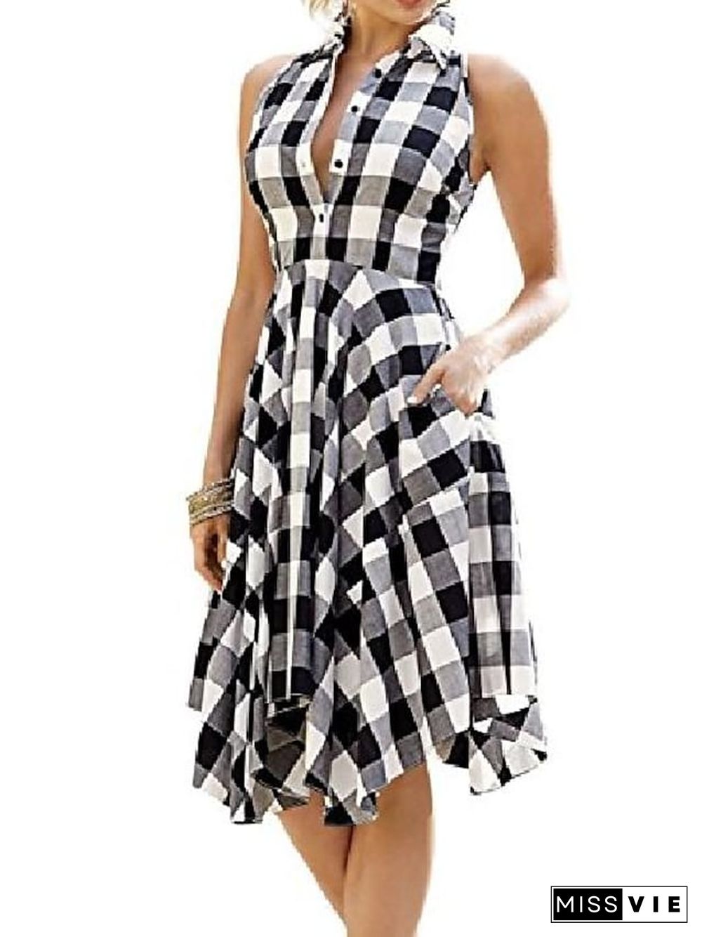 Women Black White Plaid Checks Dress Sleeveless Irregular Pleated Shirt Dress S