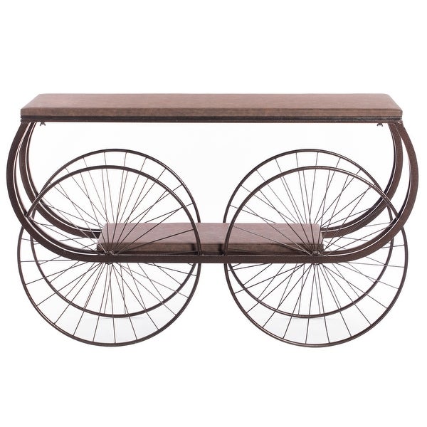 Two Tier Wagon Style Industrial Wooden and Metal Side End Table with Big Wheels