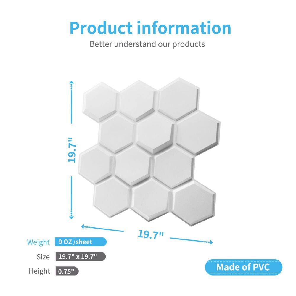 Art3dwallpanels 19.7 in. x 19.7 in. White Hexagon Design PVC 3D Wall Panels for Interior Wall Decor Pack of 12-Tiles (25 sq. ft.Case) A10hd063