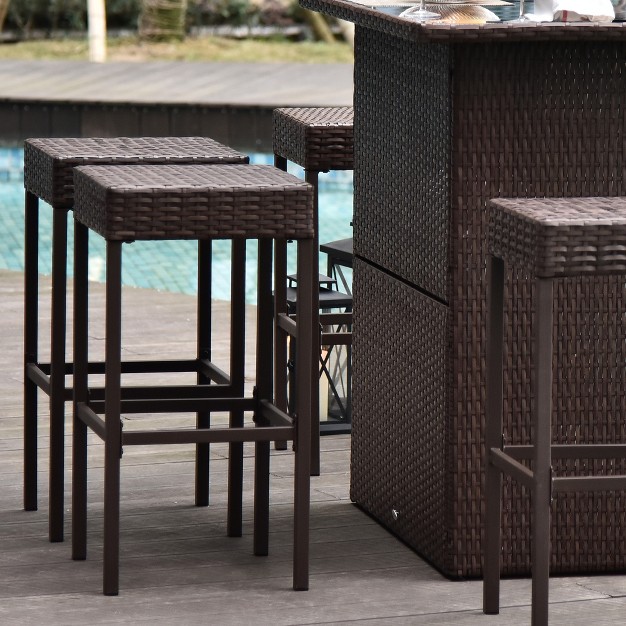 Outsunny 5 Pcs Rattan Wicker Bar Set High Top Outdoor Table And Chairs With Glass Top Storage Shelf And 4 Bar Stools For Poolside