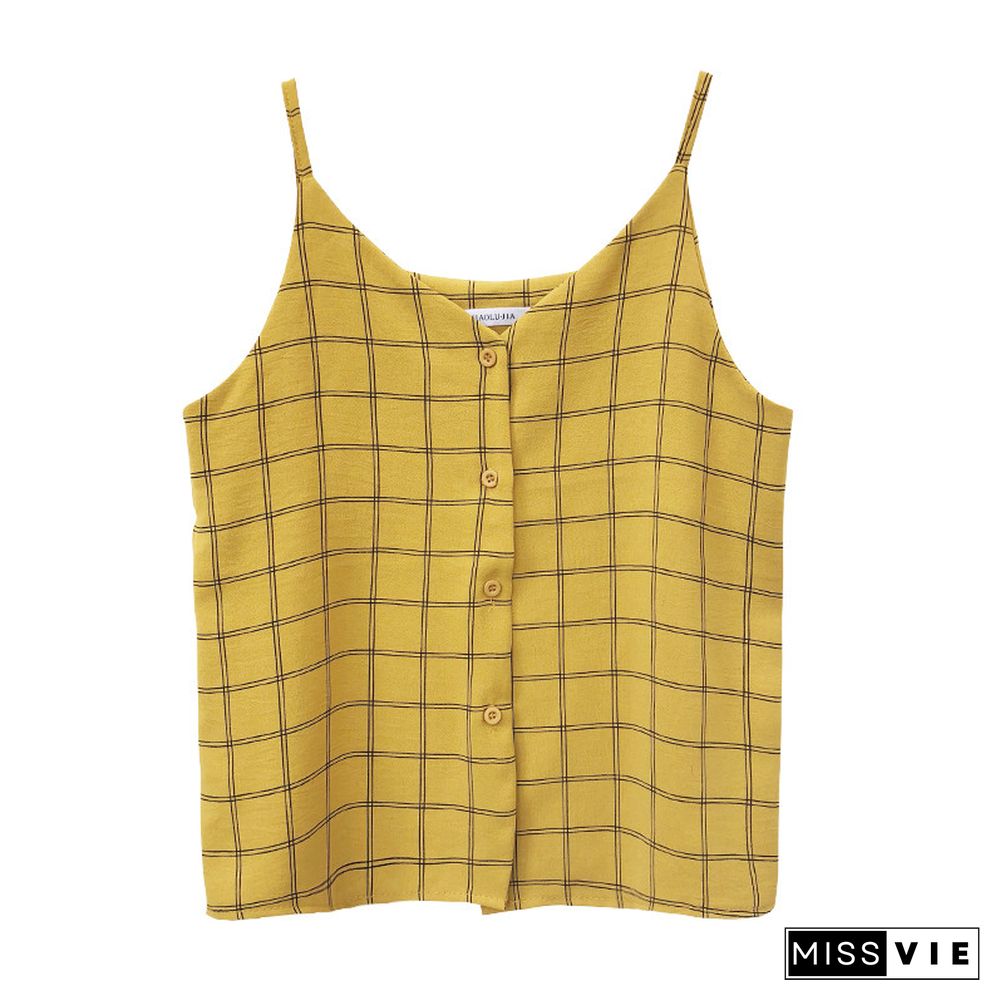 Chiffon Vintage Plaid Small Camisole Women Top Vest Summer Wear Loose Sleeveless Cami Tank Tops Streetwear Casual Female Tee