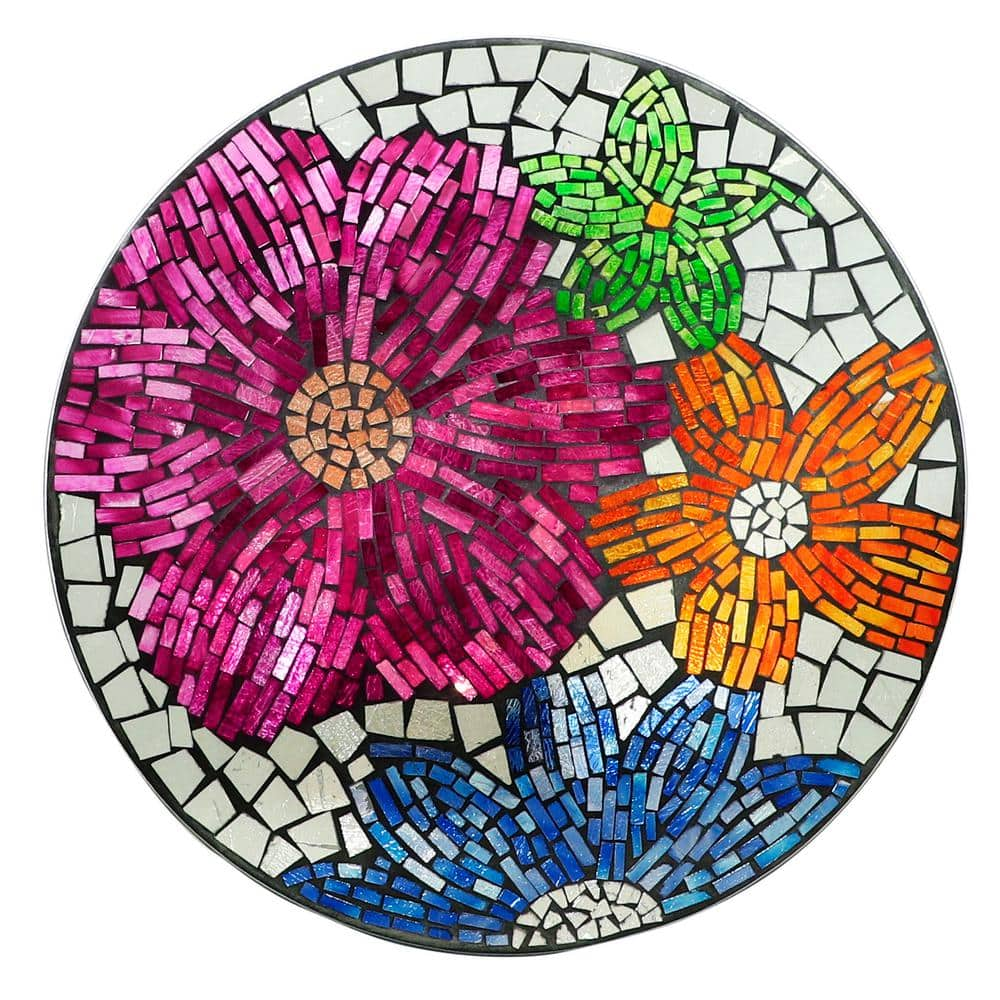 Alpine Corporation 18 in. Round Indoor/Outdoor Metal Decorative Table with Multi-Color Floral Mosaic Tile Top HMD210