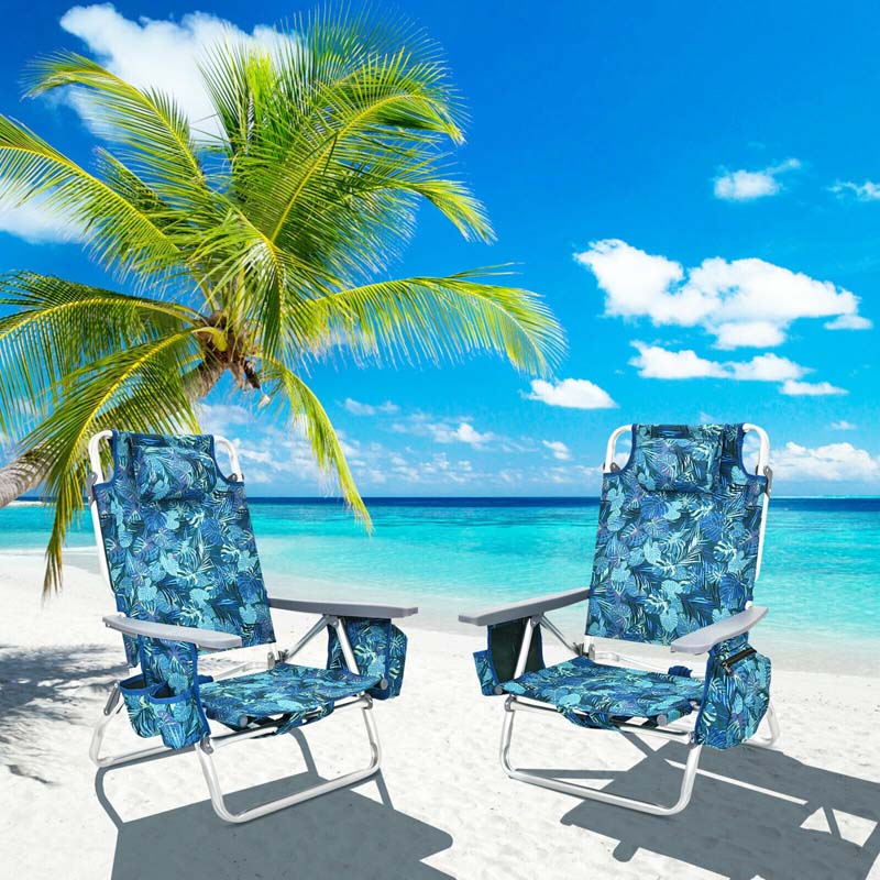 2-Pack Folding Beach Chair, Backpack Lawn Chairs, Sling Camping Chair, Patio Reclining Chairs with 5 Adjustable Position, Head Pillow