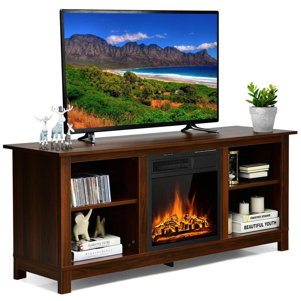 Gymax 58 in. Fireplace TV Stand with 18 in. 1500-Watt Electric Fireplace 65 in. Walnut (2-Tier) GYM06593