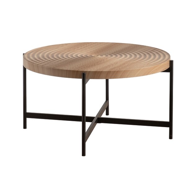 Modern Thread Design Round Coffee Table with Concentric Circular Pattern， MDF Table Top with Cross Legs Metal Base