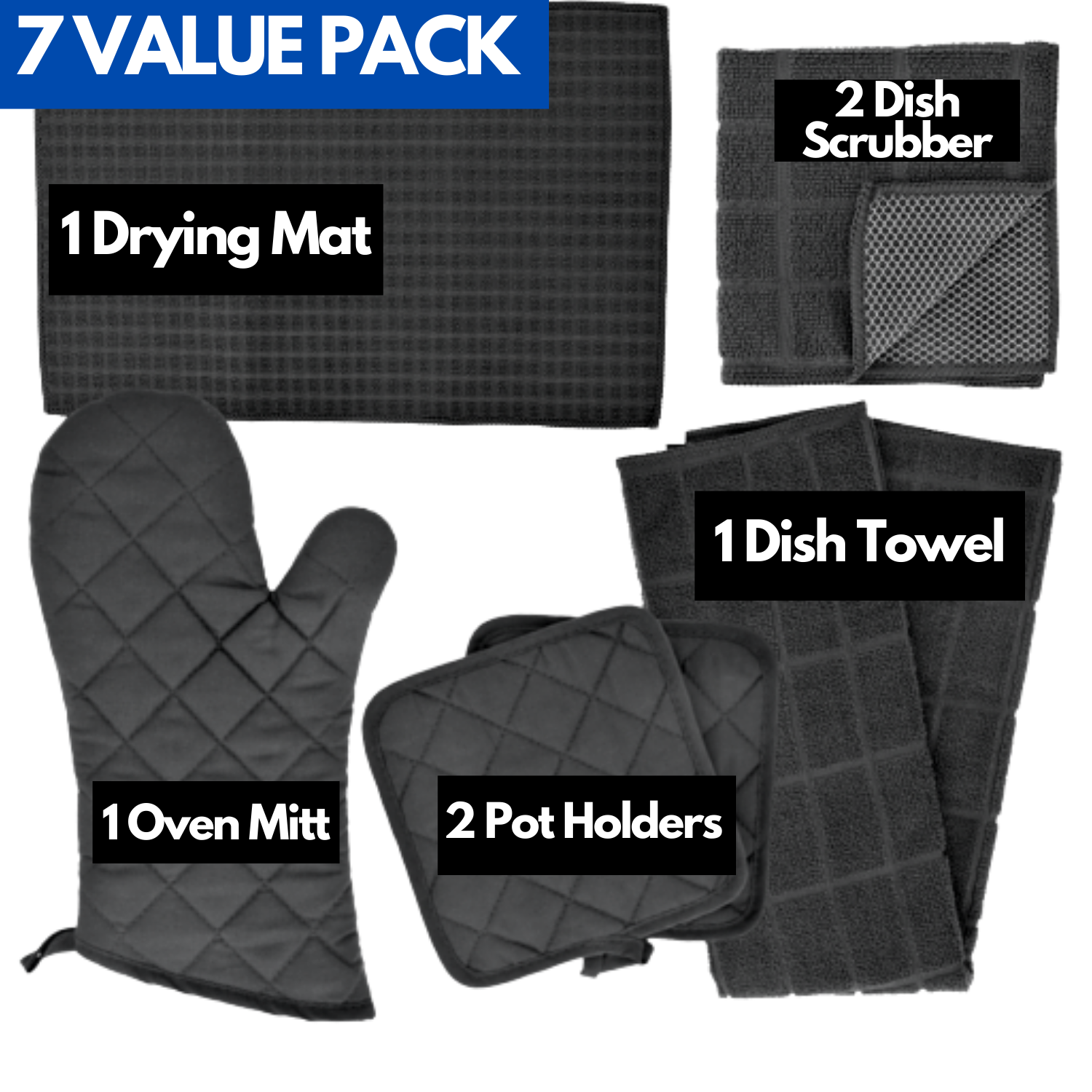 Kitchen Towel Set with 2 Quilted Pot Holders， Oven Mitt， Dish Towel， Dish Drying Mat， 2 Microfiber Scrubbing Dishcloths (Black)