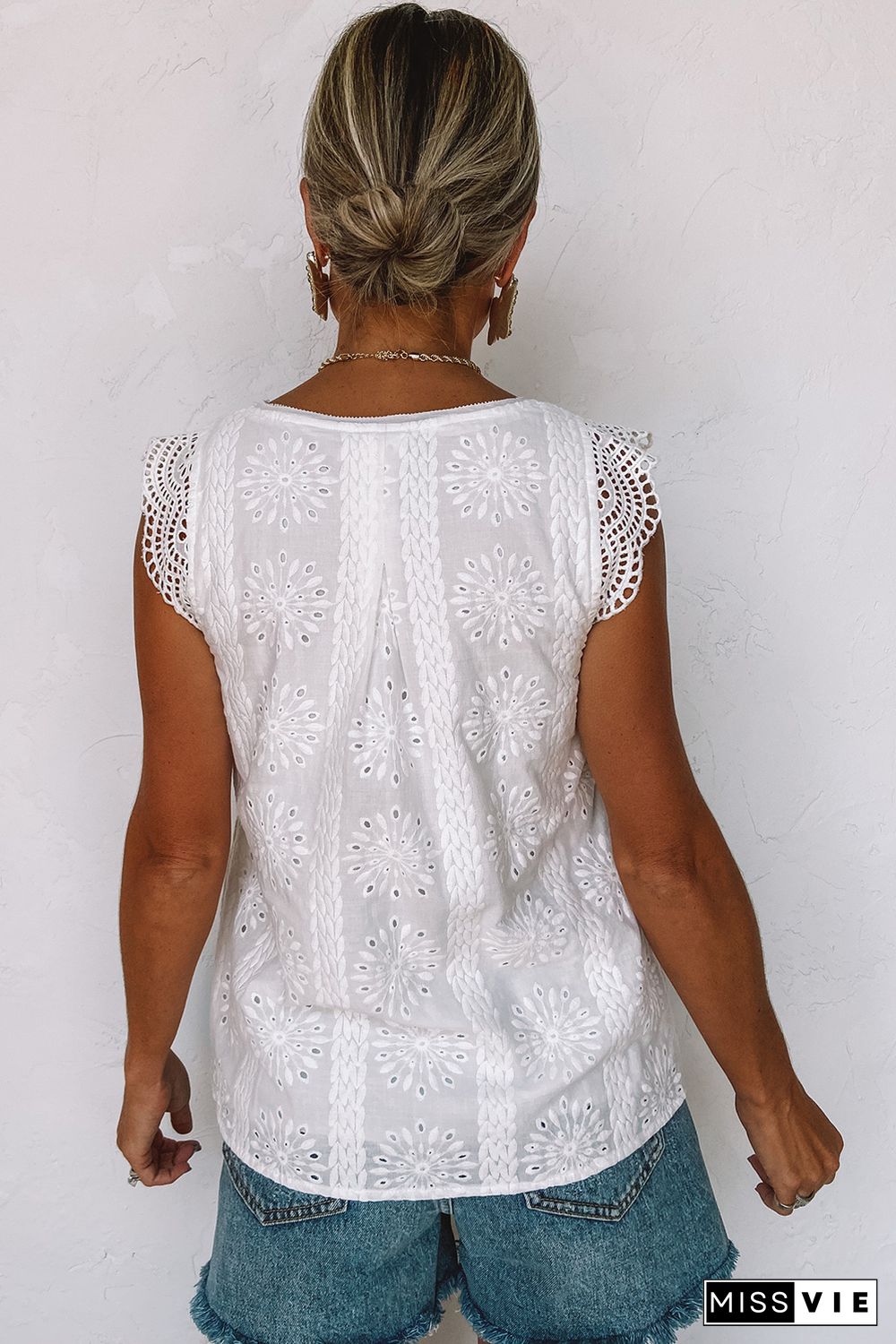 White Contrast Lace Cut-out Flutter Sleeve Blouse