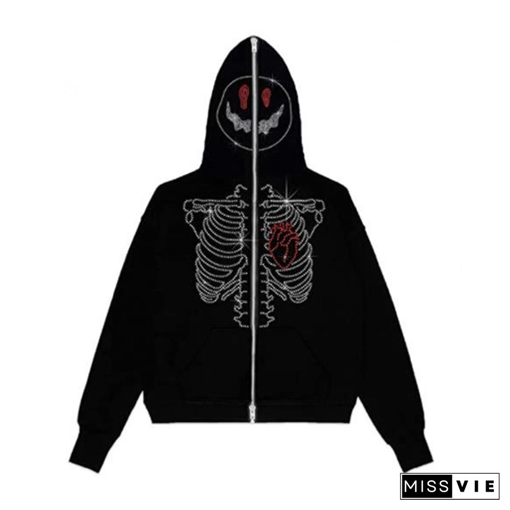 Gothic Coats For Women Rhinestone Skeleton Heart Pattern Tops Y2k Jacket Zip Up Long Sleeve Clothes Streetwear