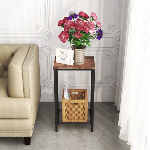 2-Tier End Table， Industrial Side Table Nightstand with Metal Frame - - 35974979