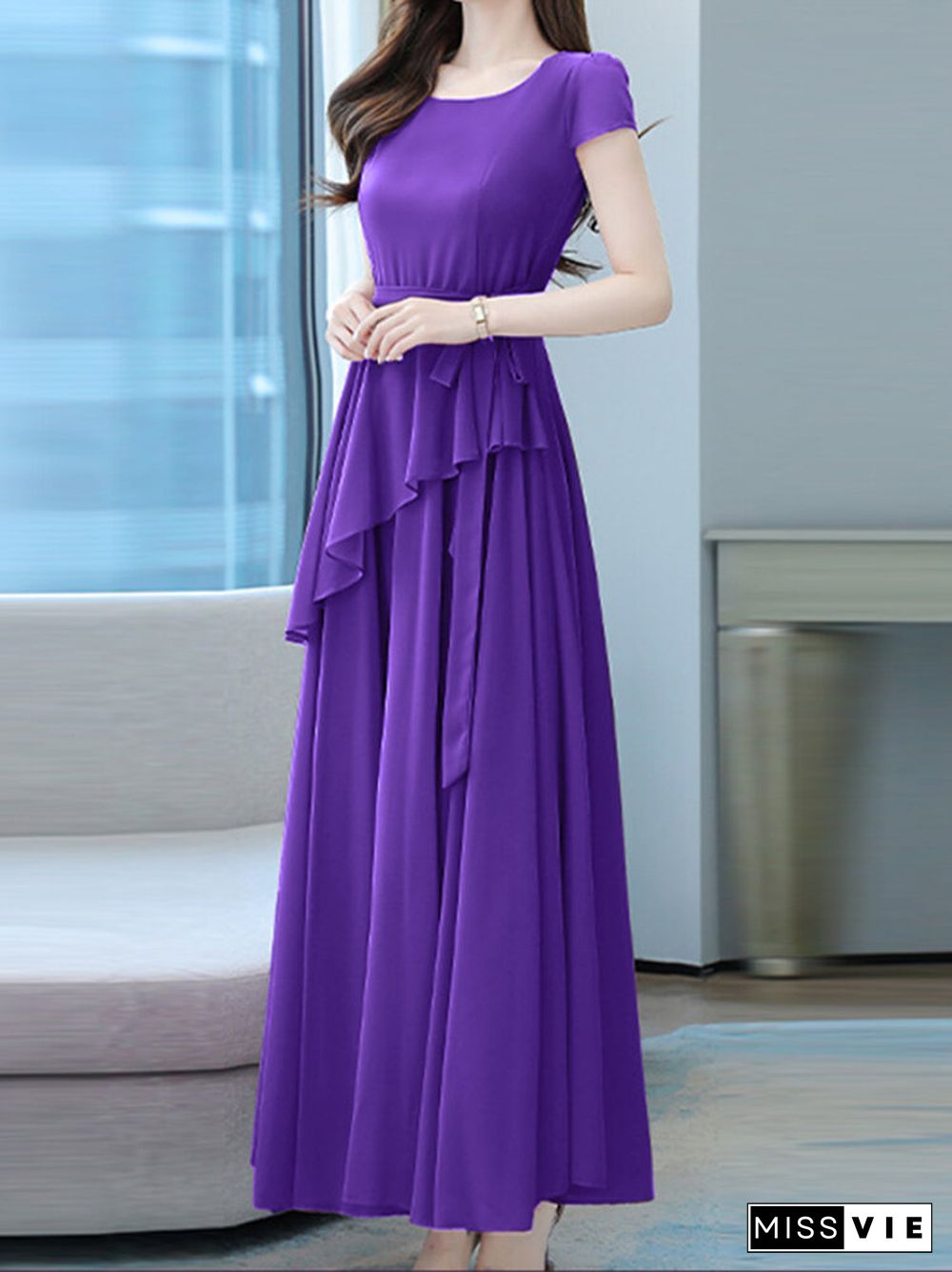 Solid Asymmetrical Swing Short Sleeve Maxi Dress With Belt