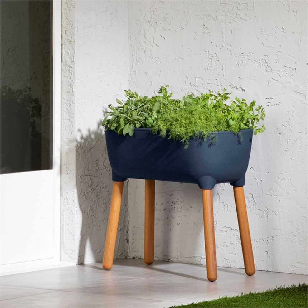 Scandinavian Blue Raised Planter with wooden legs Dalya South Shore   Midcentury   Outdoor Pots And Planters   by Homesquare  Houzz