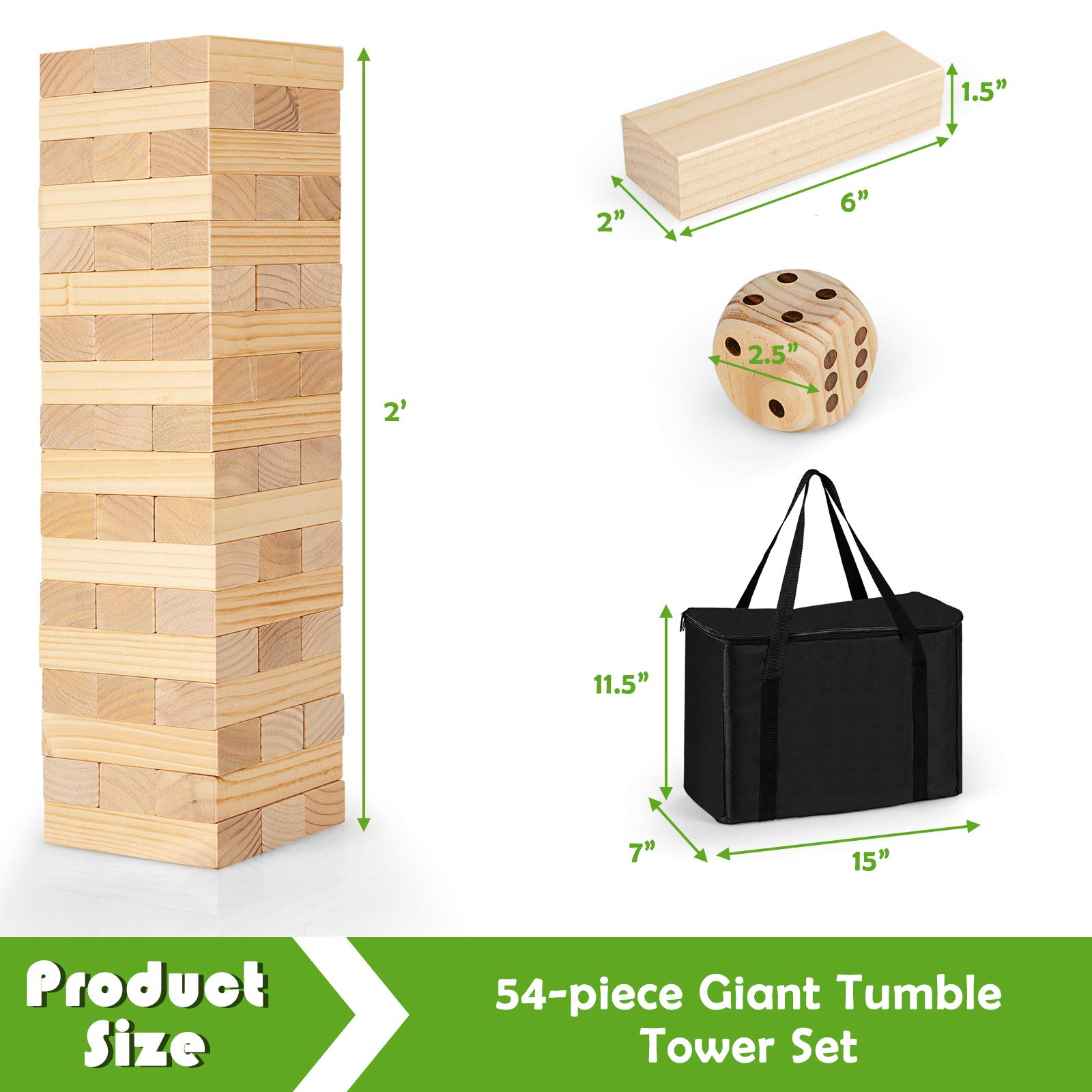 Costzon Giant Tumbling Timber Toy, 54 PCS Wooden Block Stacking Game w/ Convenient Carrying Bag, Natural