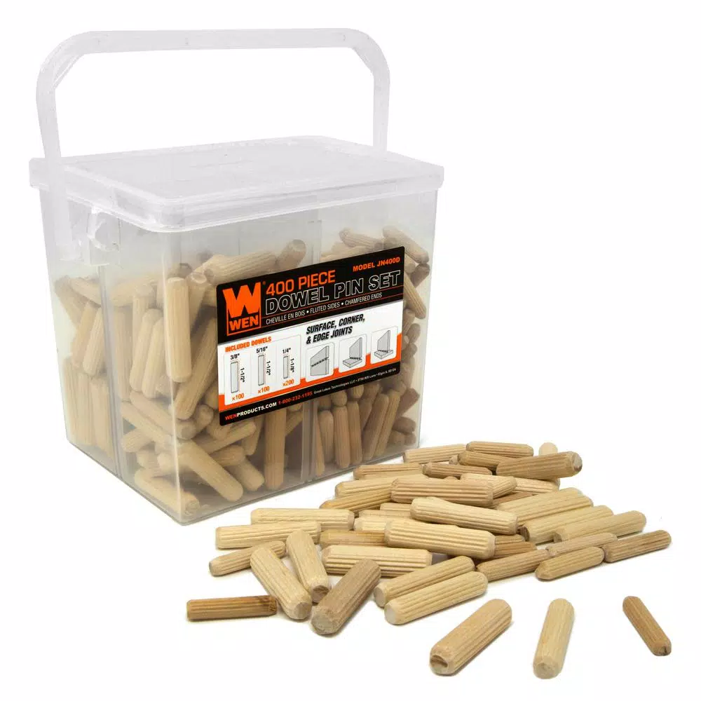 WEN Fluted Dowel Pin Variety Bucket with 1/4 in.， 5/16 in.， and 3/8 in. Woodworking Dowels (400-Piece) and#8211; XDC Depot