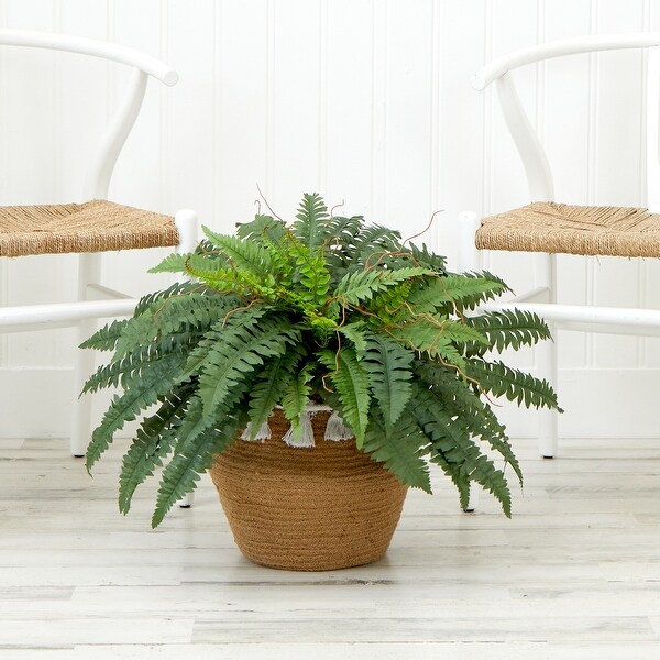 23Artificial Boston Fern Plant in Handmade Jute and Cotton Basket with Tassels DIY KIT