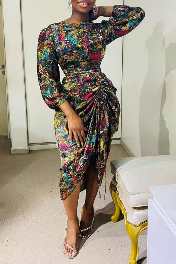 Elegant Round Neck Print Pleated Slit Midi Dress