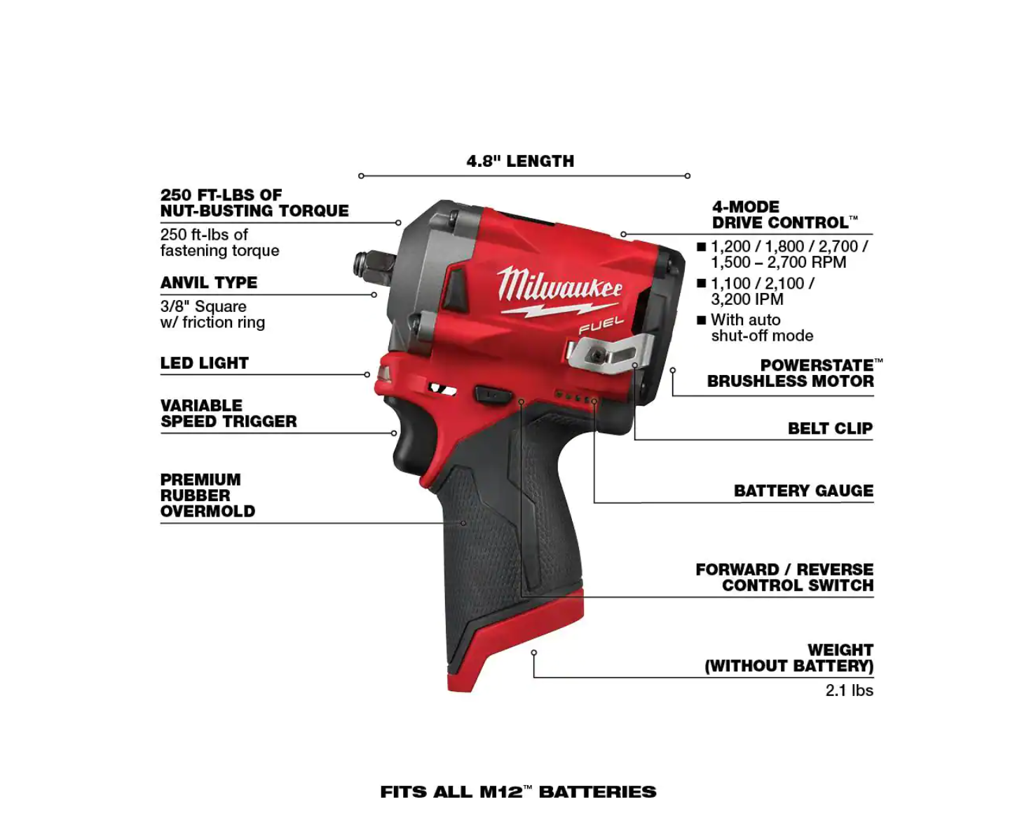 Milwaukee 2554-20-2555-20-48-11-2412 M12 FUEL 12V Lithium-Ion Brushless Cordless Stubby 3/8 in. and 1/2 in. Impact Wrenches with two 3.0 Ah Batteries