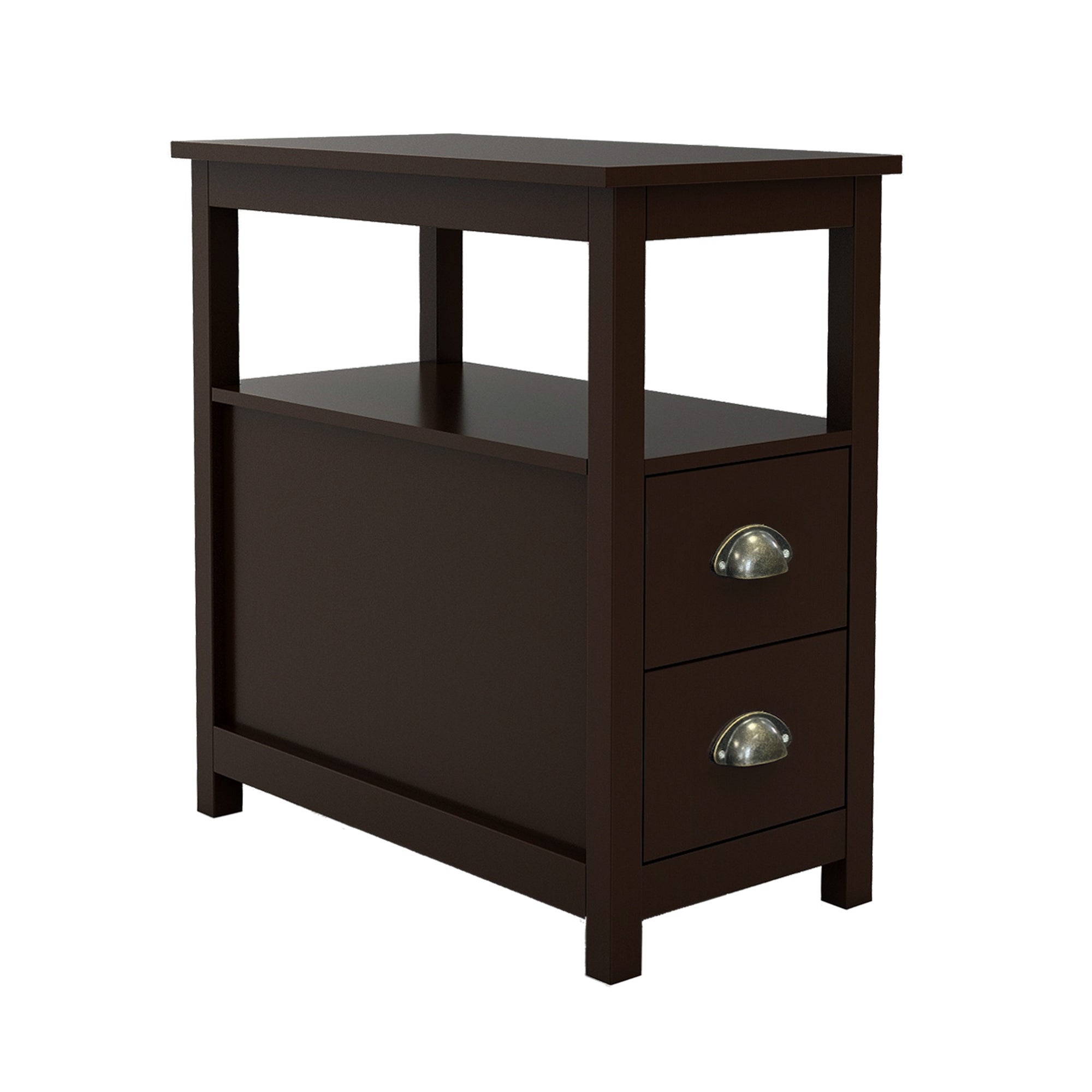 Wood End Table with 2 Drawers， Open Storage Shelf and Semicircular Handles， Narrow Nightstand