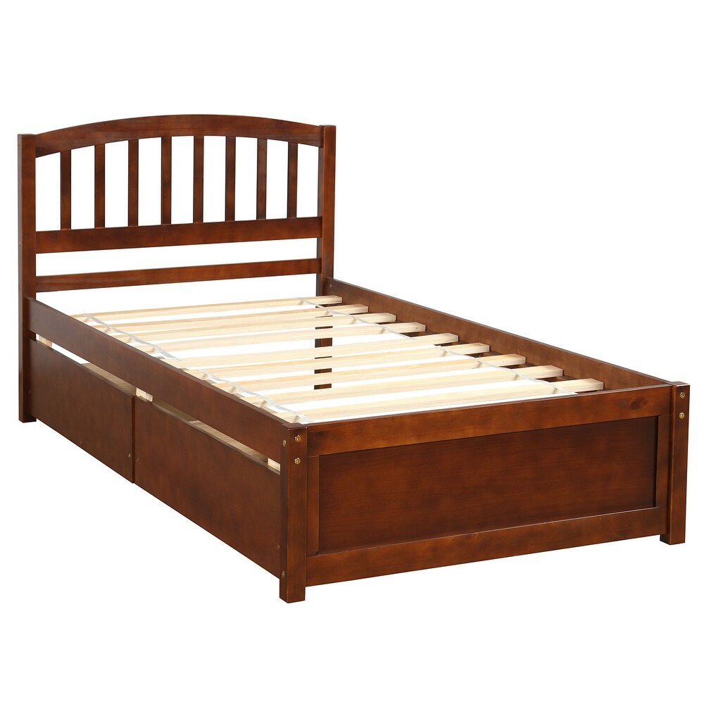 Twin Size Solid Wood Storage Platform Bed with Headboard   2 Drawers