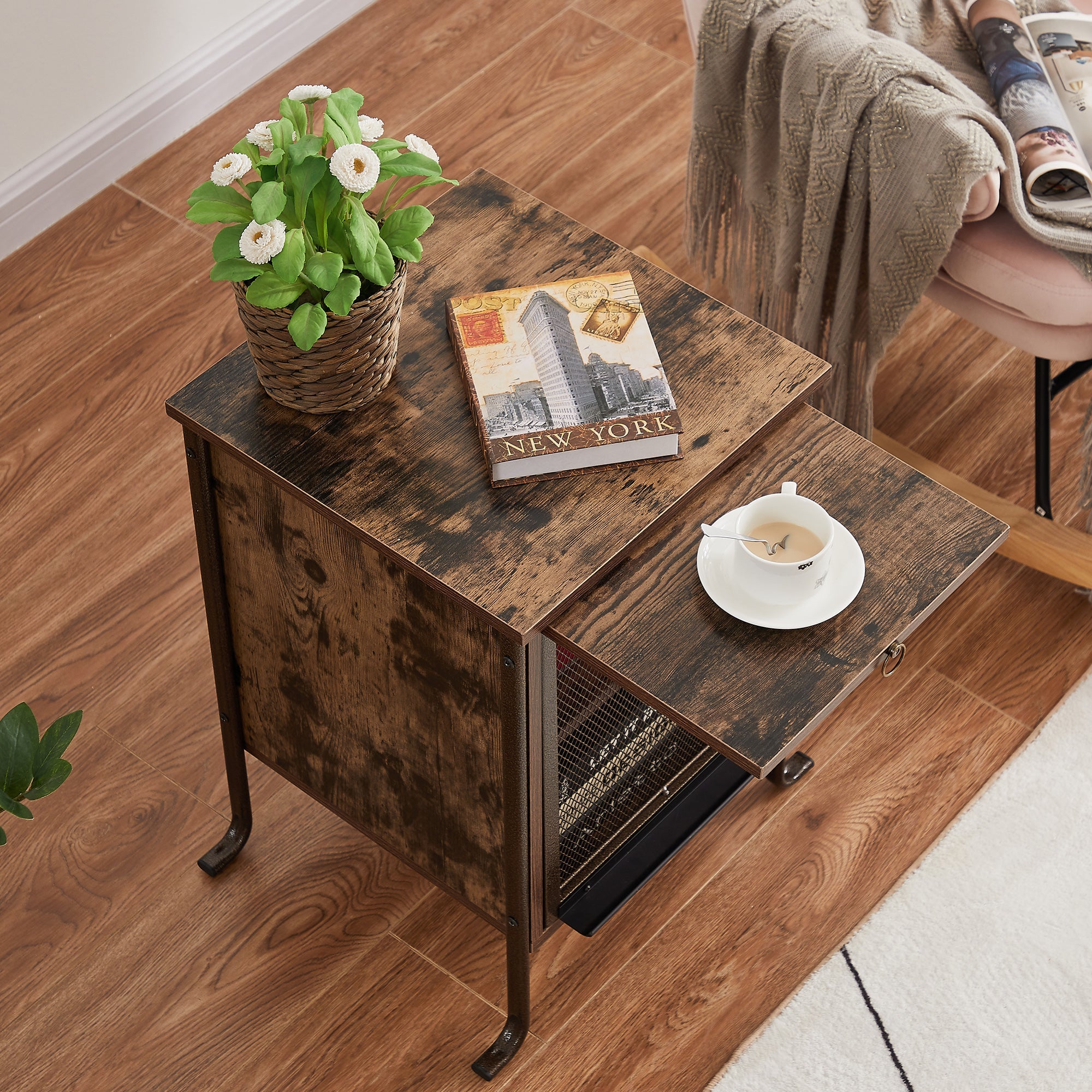 VECELO Nightstand with Pull-out Shelf and Mesh Cabinet, Side End Table for Bedroom, Living Room, Brown