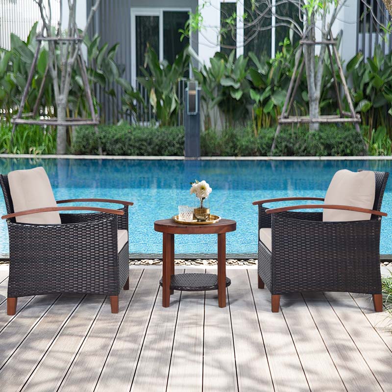 3 Pcs Patio Furniture Set Outdoor Rattan Sofa & Side Table Conversation Bistro Set with Acacia Wood Frame