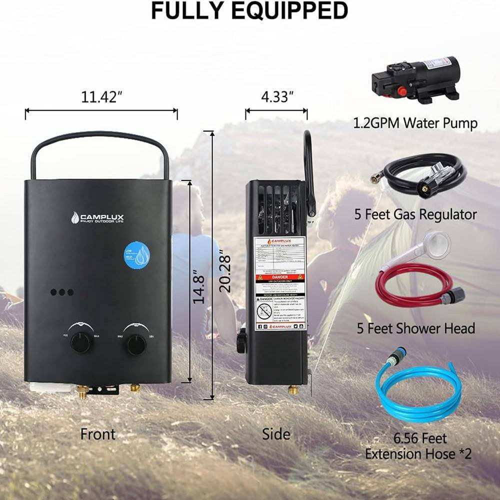 CAMPLUX ENJOY OUTDOOR LIFE Camplux 5 L 1.32 GPM Outdoor Portable Propane Gas Tankless Water Heater with 1.2 GPM Water Pump Black AY132BP43