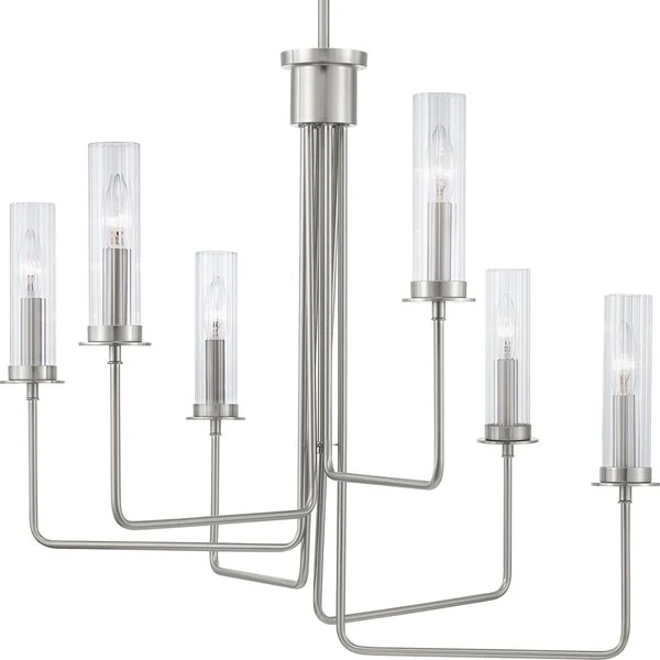 Rainey Collection 6-Light Brushed Nickel Clear Fluted Ribbed Glass Modern Chandelier Light - N/A