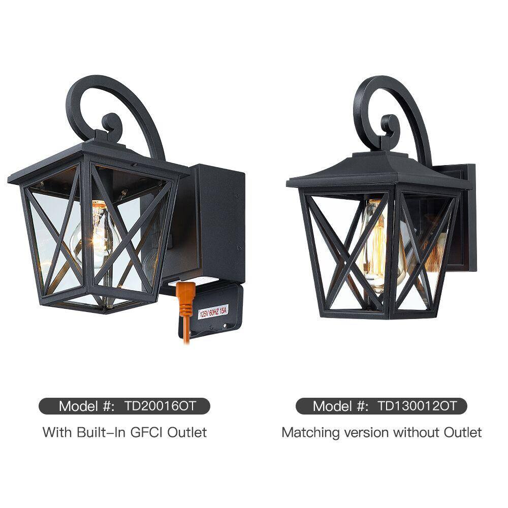 TRUE FINE Glendale 1-Light Black Hardwired Outdoor Wall Lantern Sconce with Built-In GFCI Outlets TD20016OT