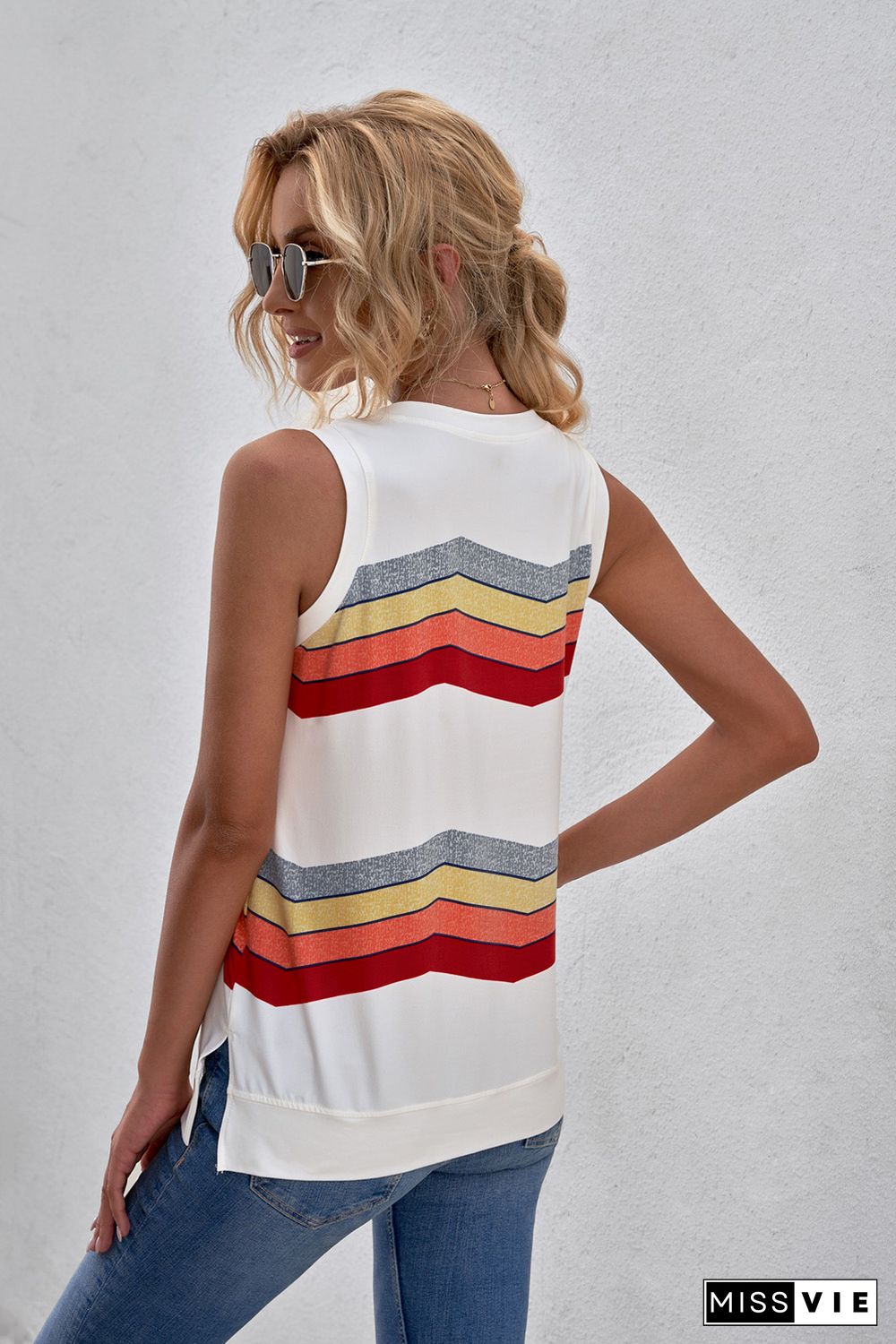 White Crew Neck Colorblock Stripes Tank Top