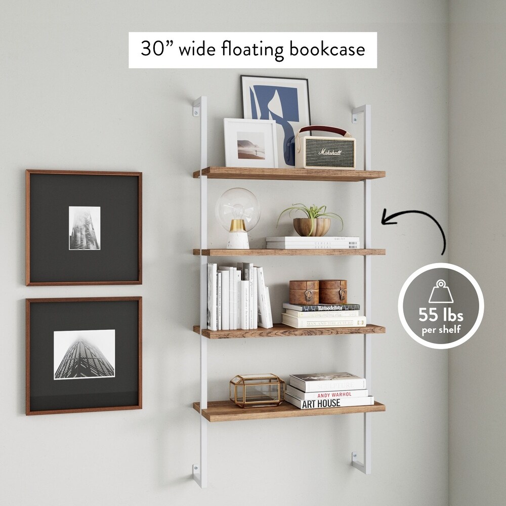 Nathan James Theo 4 Shelf Bookcase Floating Wall Mount Natural Wood Industrial Pipe Metal Frame