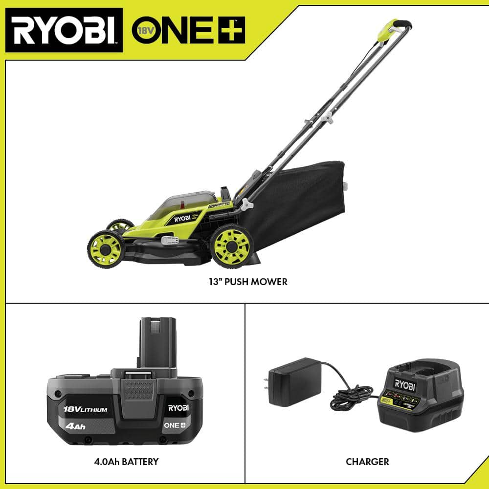 RYOBI ONE+ 18V 13 in. Cordless Battery Walk Behind Push Lawn Mower with 4.0 Ah Battery and Charger P1180