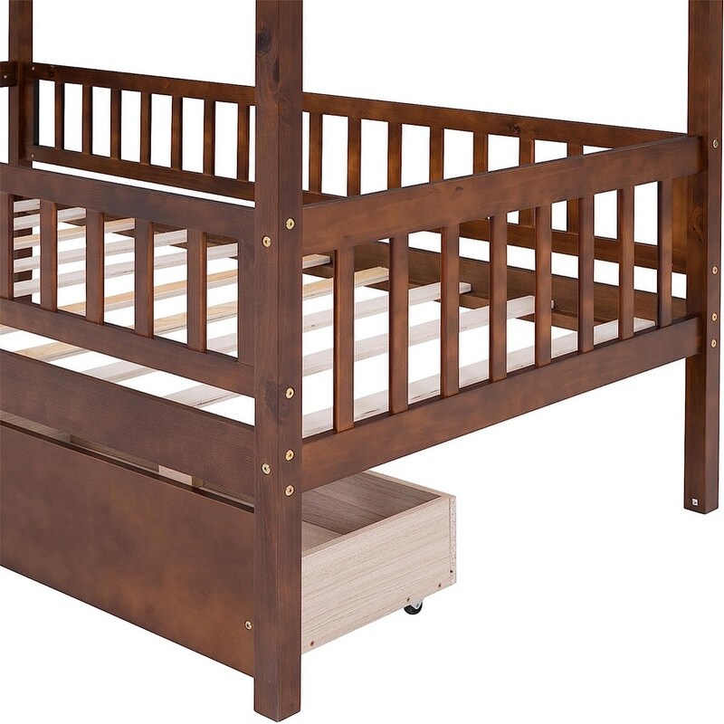 Twin House Bed with 2 Storage Drawers Rails and Roof for Kids