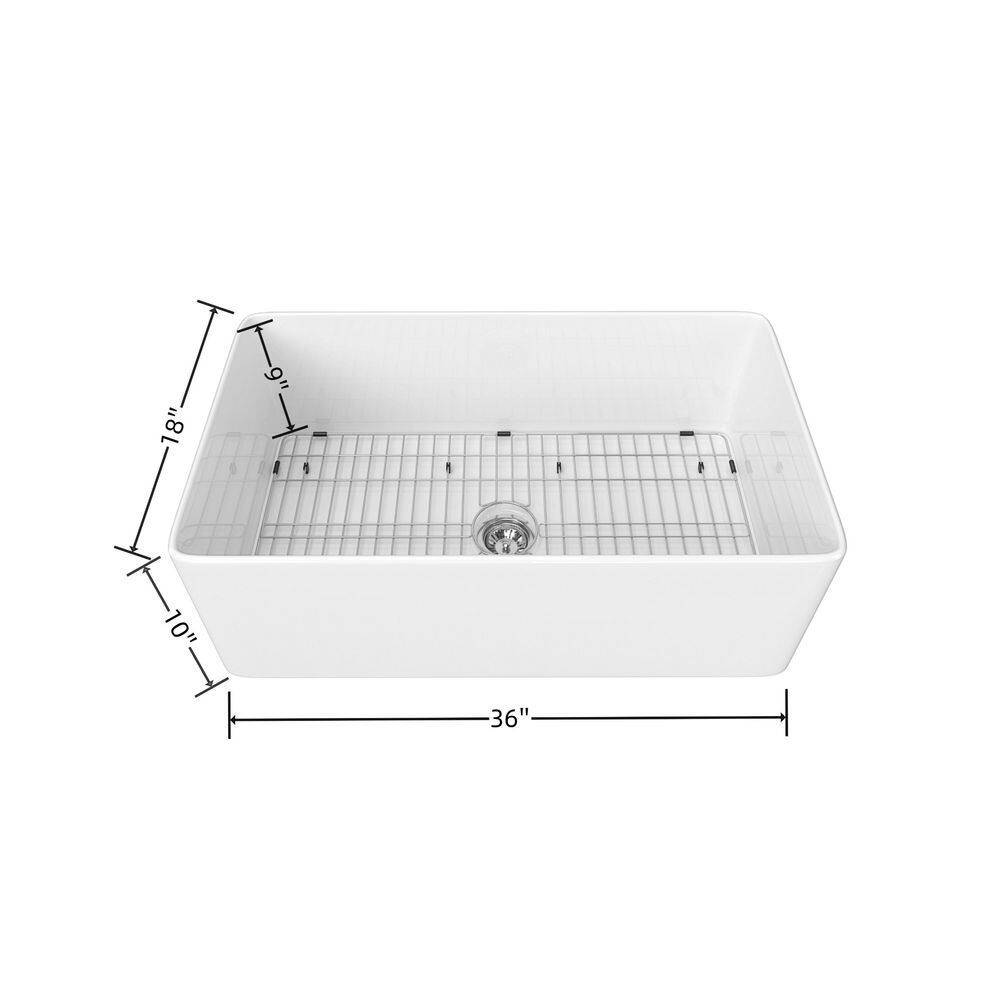 Classico White Fireclay 36 in. Single Bowl Farmhouse Apron Front Kitchen Sink with Bottom Grid and Strainer GRSL01