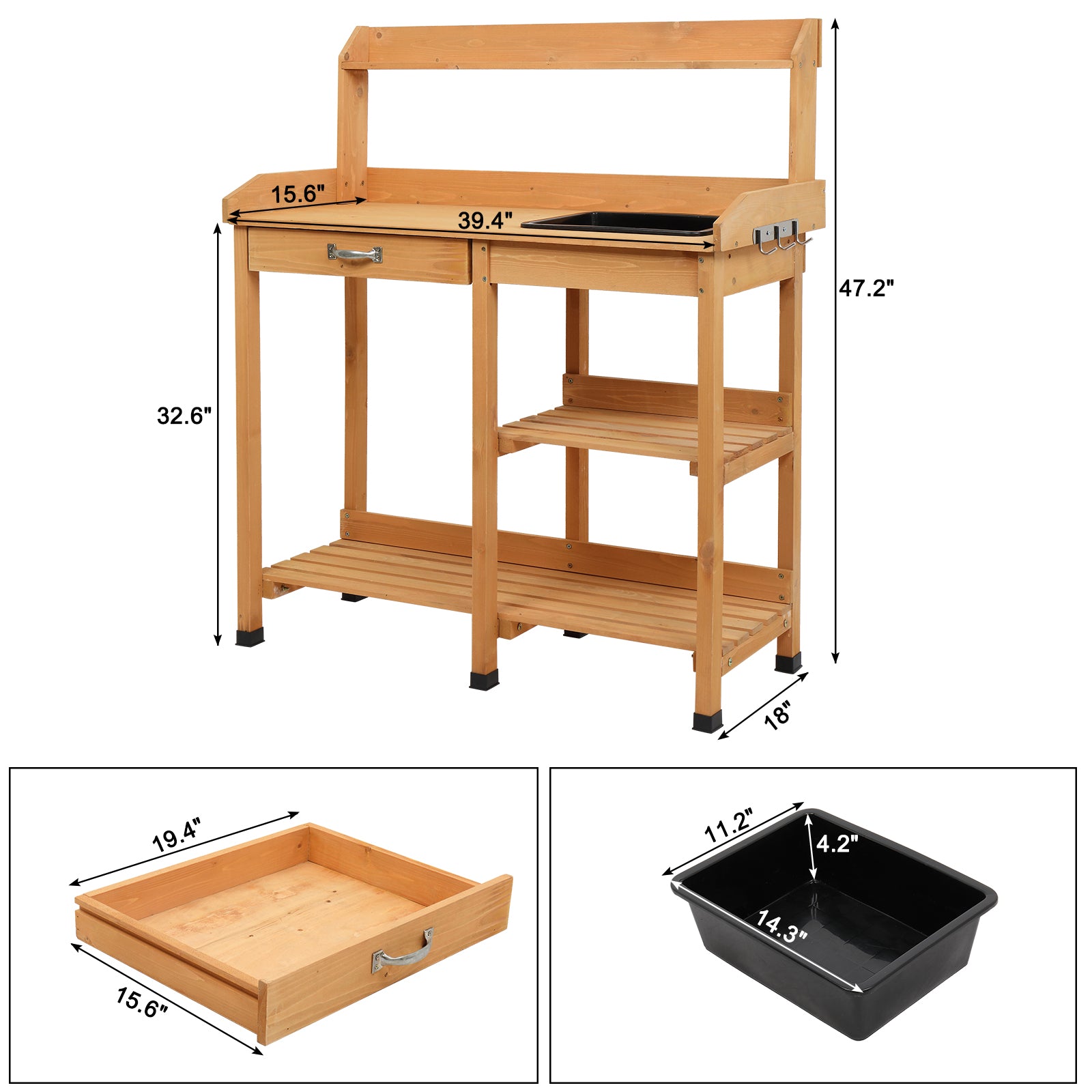 VINGLI Wood Garden Potting Benches with Sink, Shelf for Garden Yellow