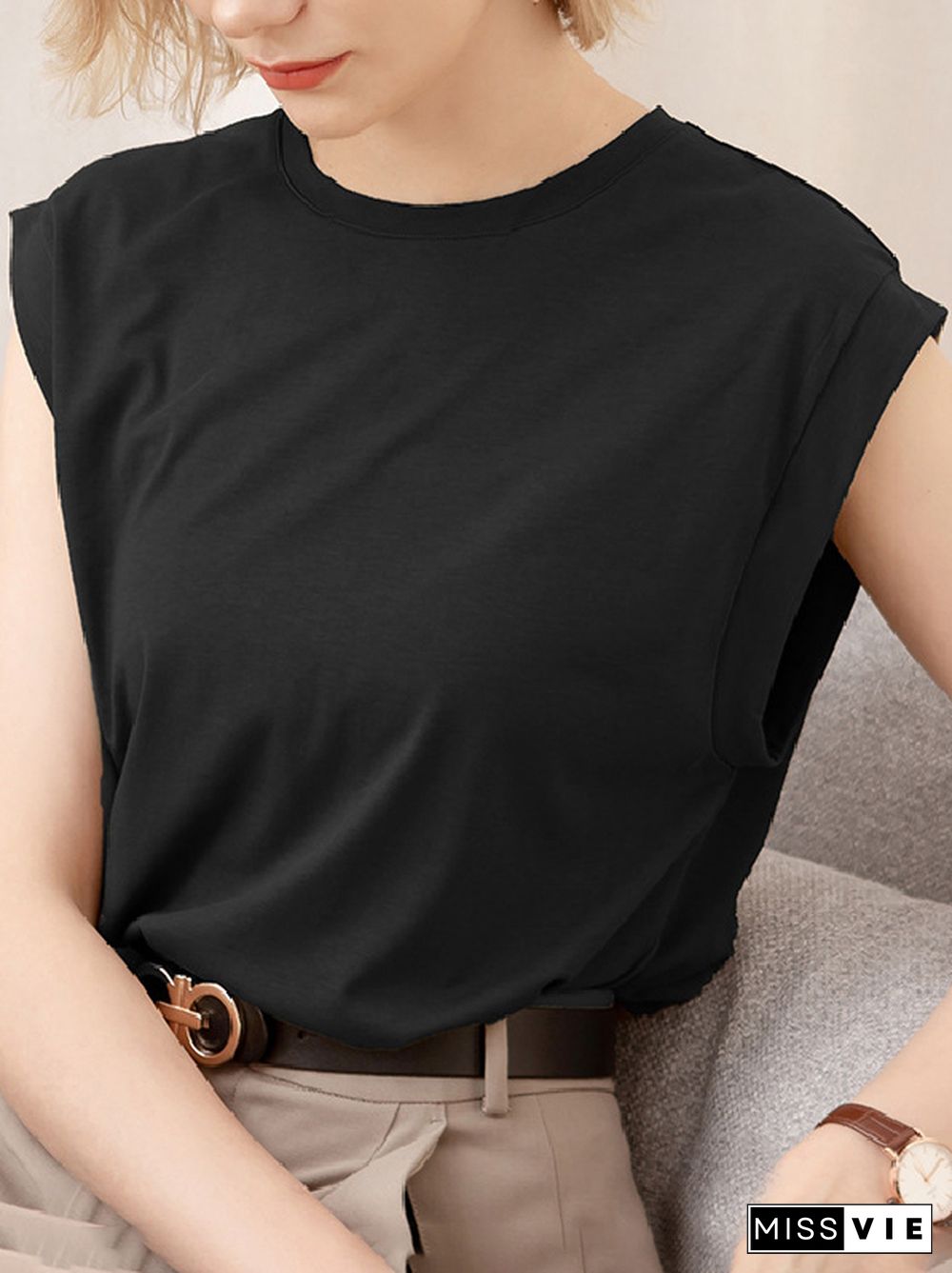 Loose Sleeveless Hollow Solid Color Round-Neck T-Shirts