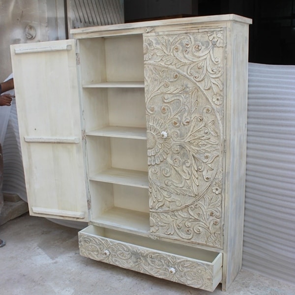 Indian Hand Carved Floral Design Solid Wooden Wardrobe/ Armoire - - 35095308