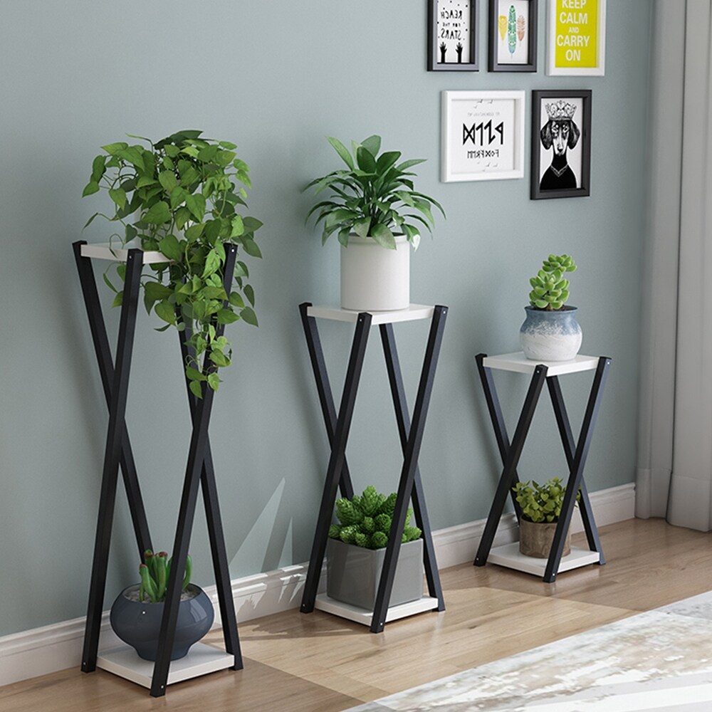 2 Tier Wood Metal Plant Stand Flower Pot Holder Rack Display Shelf