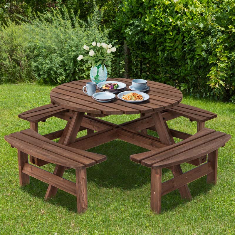 8-Person Outdoor Wooden Round Picnic Dining Table Bench Set with Umbrella Hole & 4 Benches