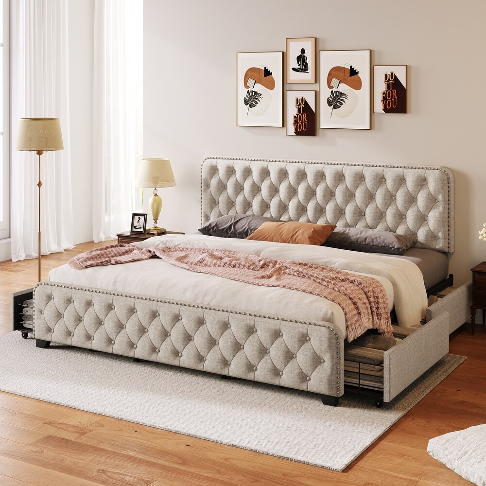 King Size Platform Bed Frame with 4 Drawers  Button Tufted Headboard   Footboard Sturdy Metal Support