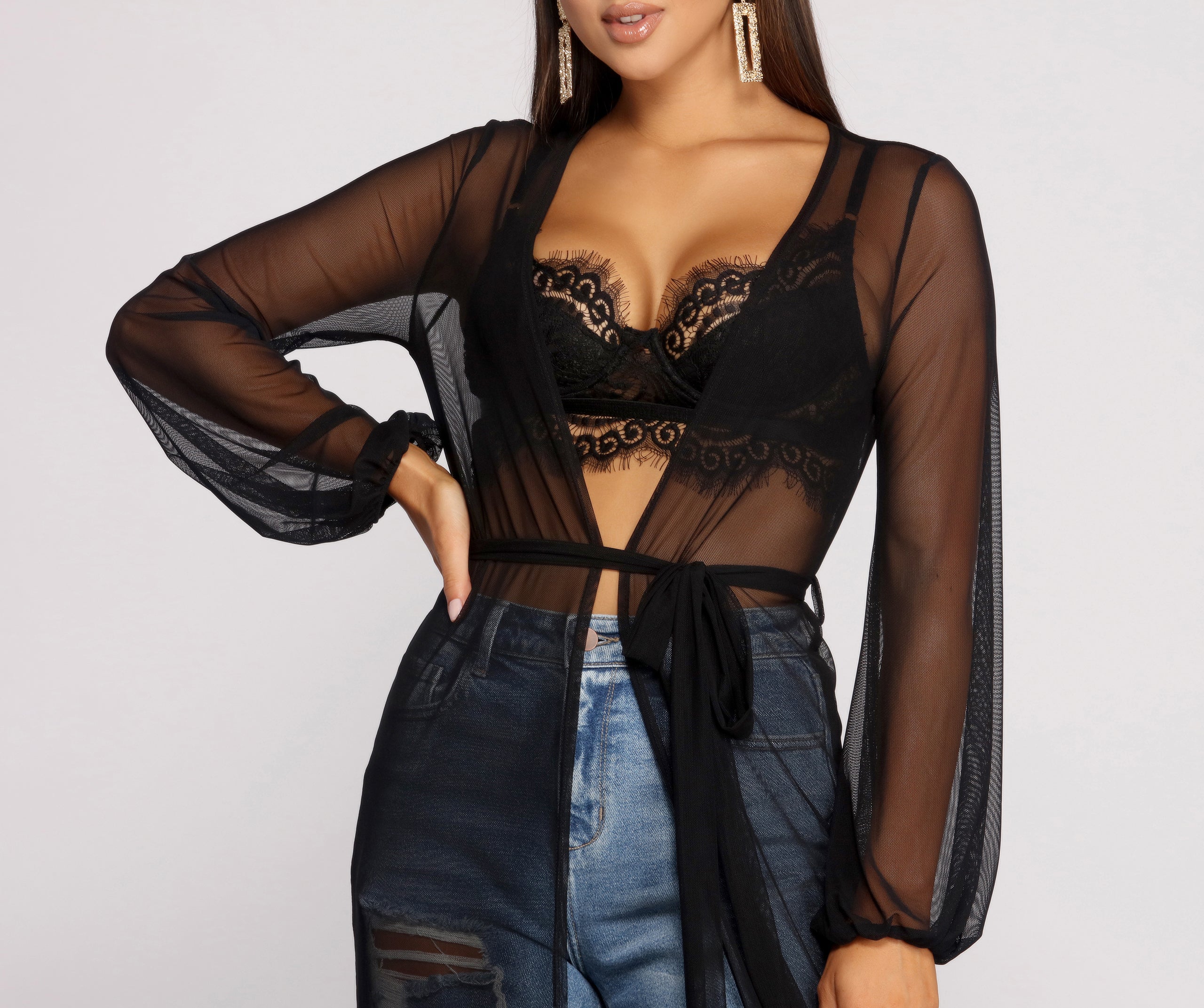 Mesh Tie Waist Long Duster