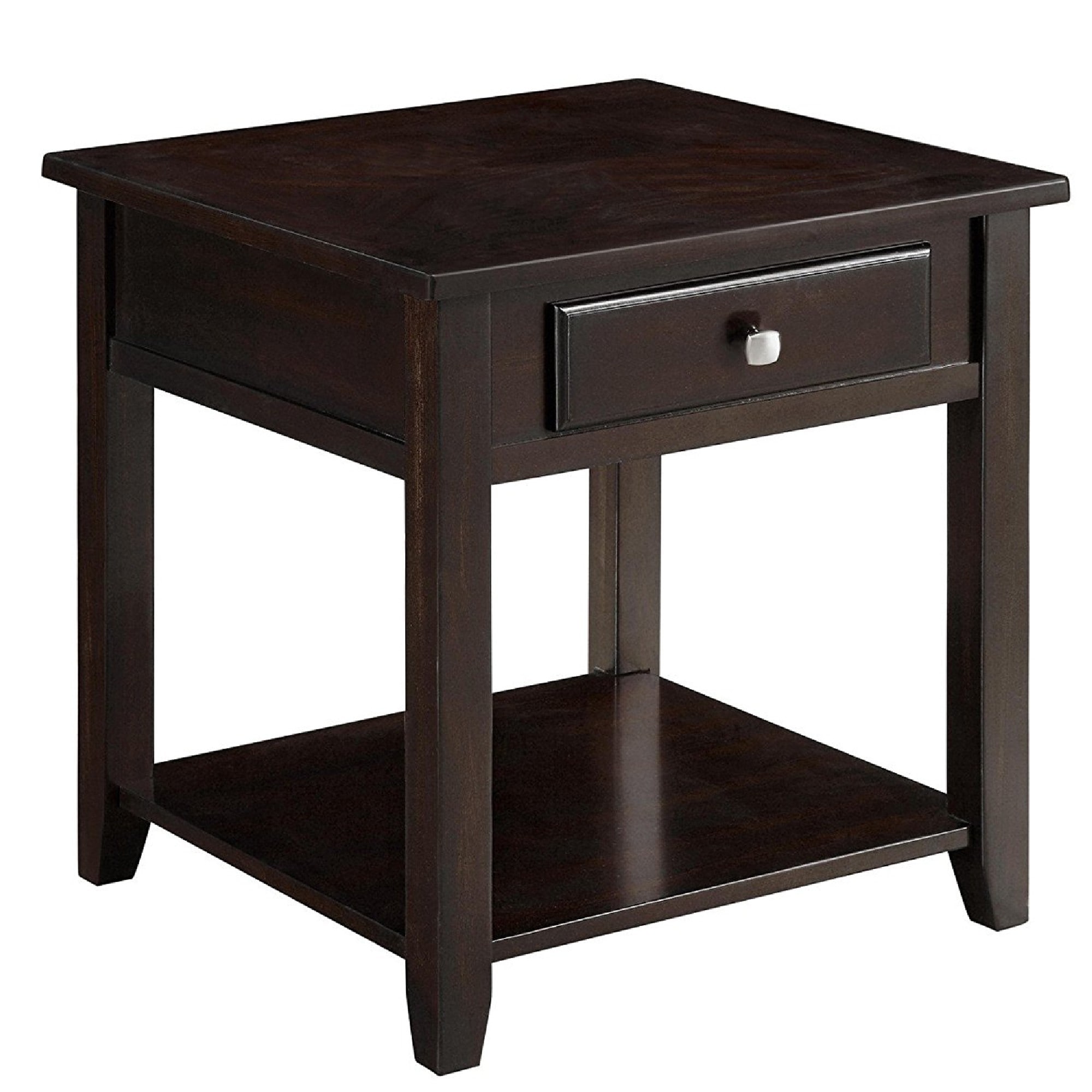 Wooden End Table With Drawer and Bottom Shelf， Walnut Brown