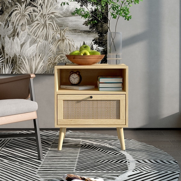 Rattan Nightstand， Wooden Bedside Table End Table for iving Room and Bedroom