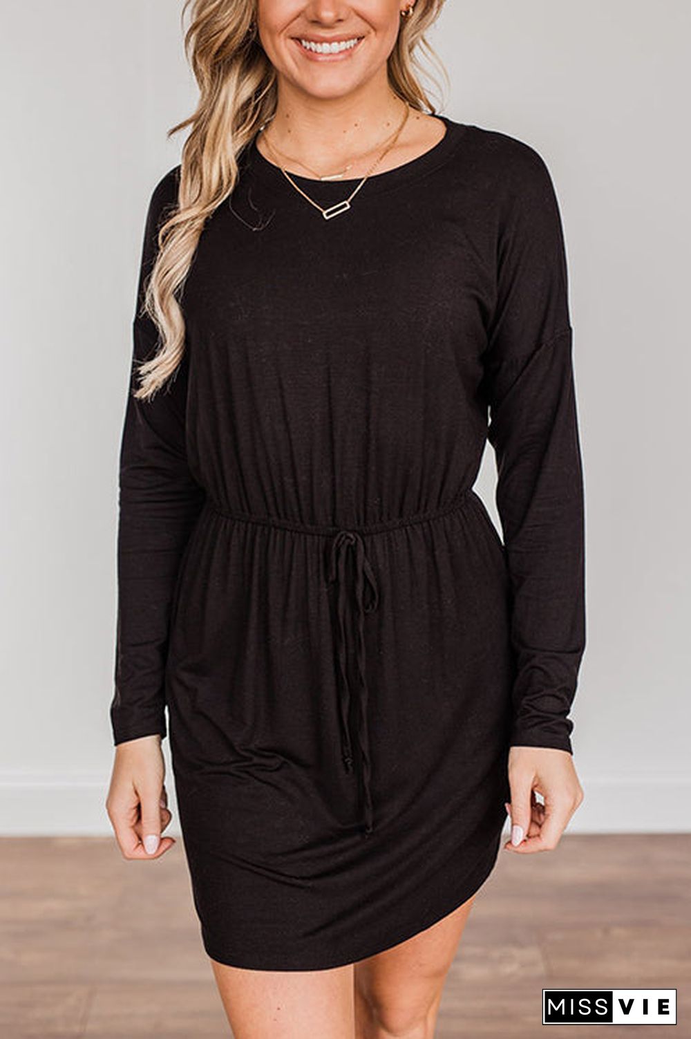 Drawstring O Neck Long Sleeve Swing Dress