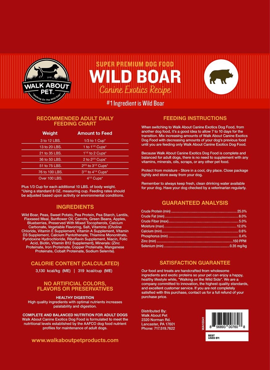 Walk About Wild Boar Canine Exotics Recipe Super Premium Dry Dog Food， 10-lbs bag