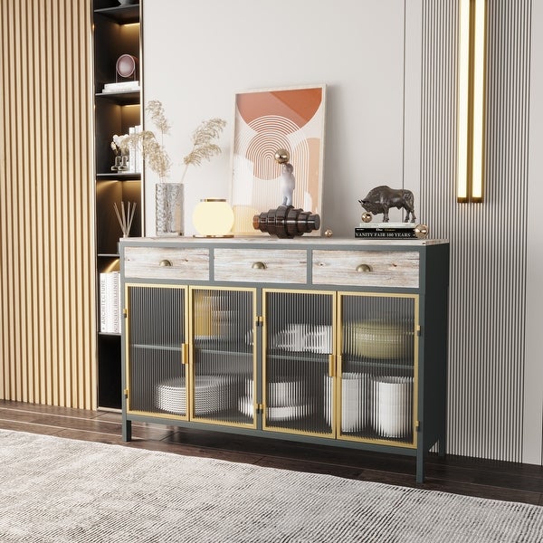 4 Glass Doors Modern Sideboard with 3 Top Drawers， Freestanding Sideboard Storage Cabinet Entryway Floor Cabinet for Living Room