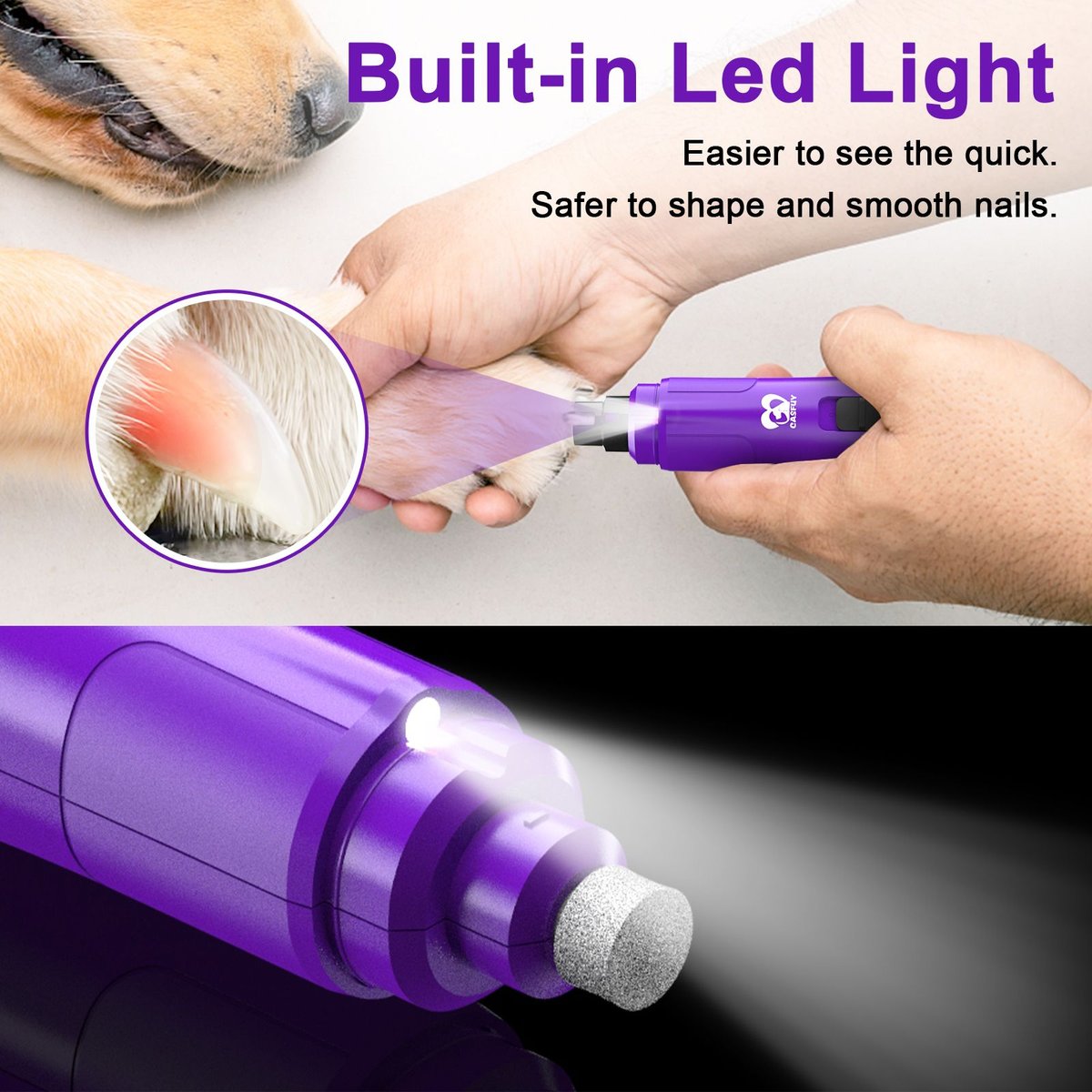 Casfuy 2-Speed Electric Dog Nail Grinder with LED Light， Purple